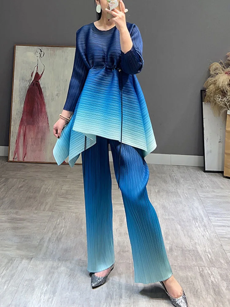 LANMREM Pleated Gradient Sets Women O-neck Irregular Long Sleeve Tops Loose Wide Leg Pants 2024 Summer Female New Clothing 2I560