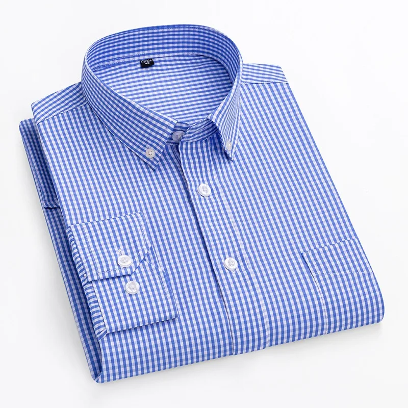 Thin 100% Cotton Plaid Shirts for Men Long Sleeve  Checkered Dress Shirt Mens Blue New  Men Clothing  Button Up Shirt