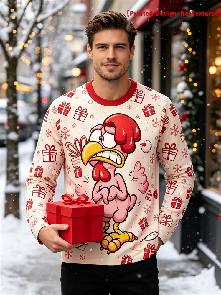 Men's Funny Christmas Chicken Long Sleeve T-Shirt Gift Box Snowflake Graphic Tee Holiday Ugly Sweater Pullover Tops Gift 2026