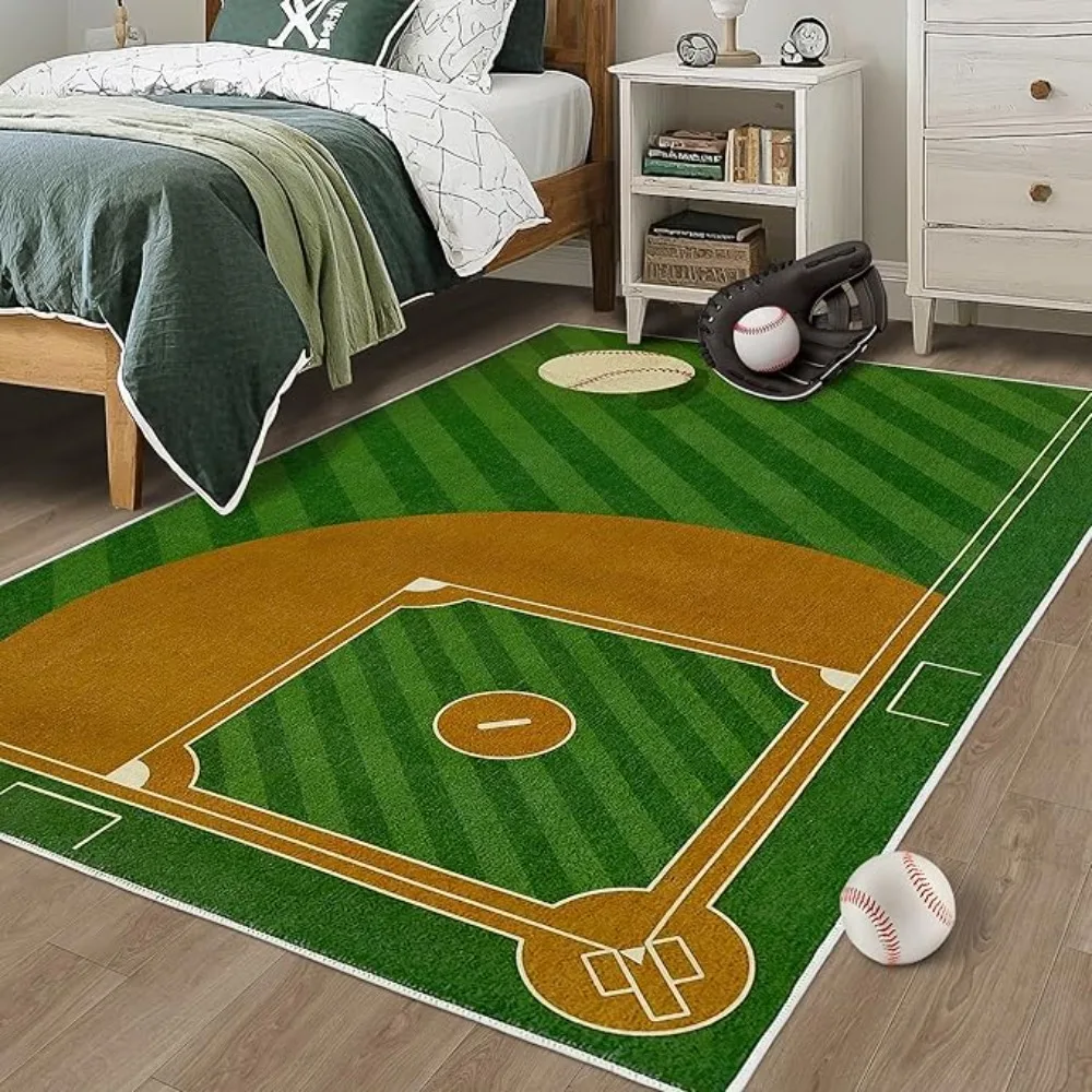 Baseball Field Design Area Rug Sports Themed Carpet for Living Room Bedroom Green Grass & Brown Infield Pattern Soft Touch