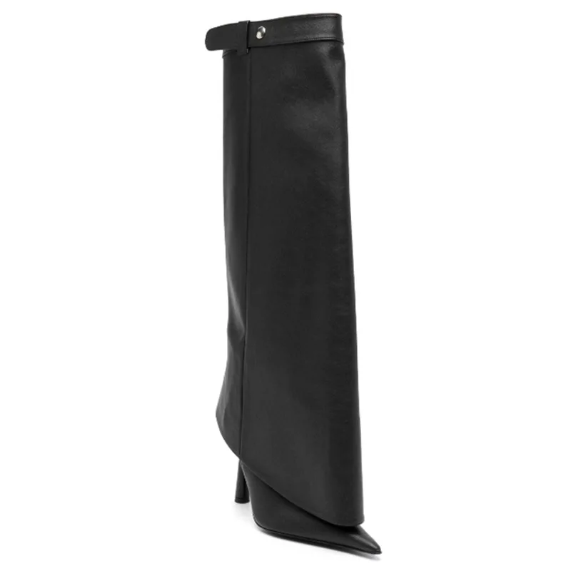 Arden Furtado 2025 Bblack PU Pantalones piernas botas Punta puntiaguda Slip-on Tacones de aguja Botas hasta la rodilla Botas de mujer de gran tamaño