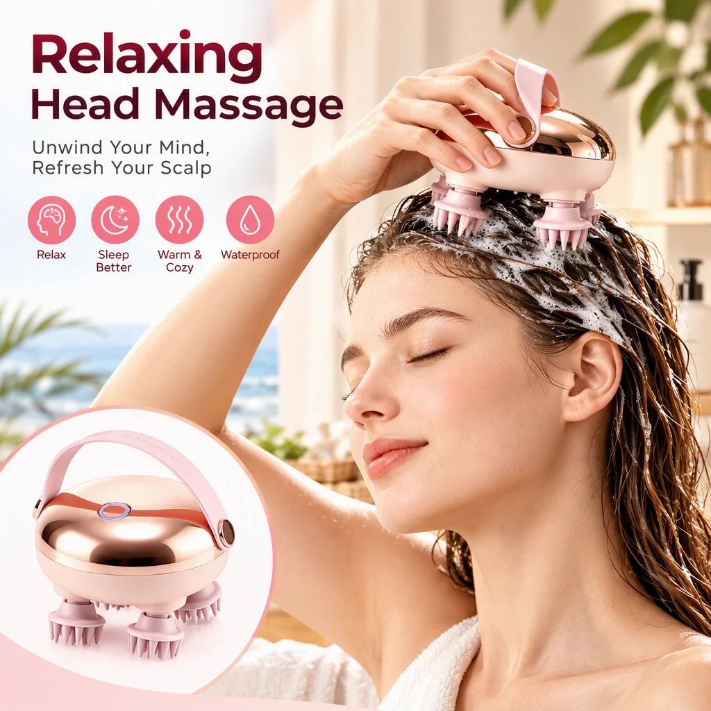 Rechargeable Electric Head Massager Home Red Light Scalp Massage with 4 Massage Claw Waterproof for Relax Body Neck Back Pet