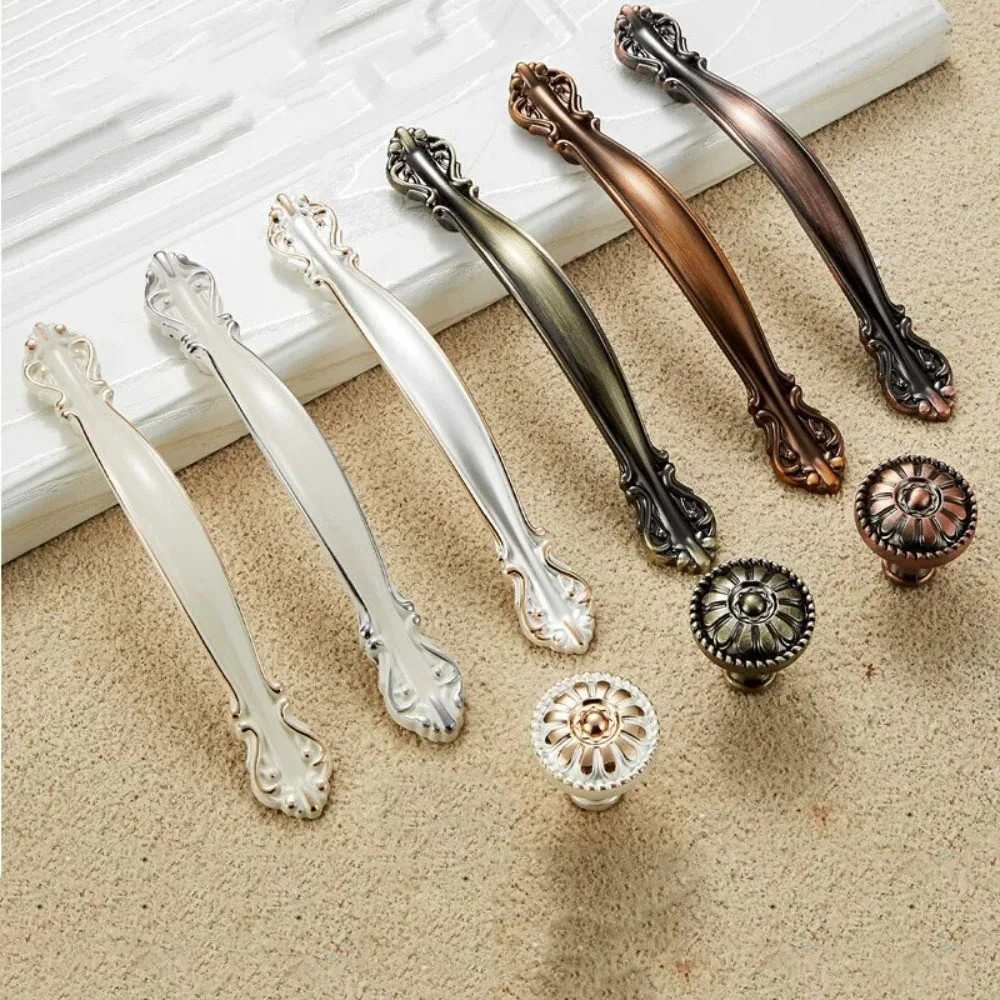 European Retro Carved Zinc Alloy Handle Ivory White / Antique Blue / Antique Red Cabinet Wardrobe Drawer Pull Furniture Hardware