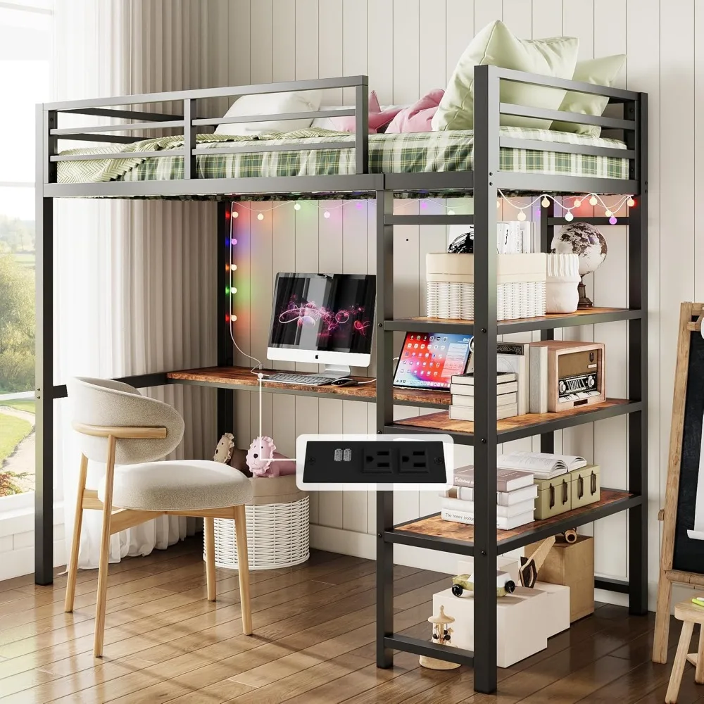 Loft Bed com mesa em forma de L e prateleiras, Heavy-Duty Metal Loft Bed Frame, economia de espaço, sem ruído, marrom