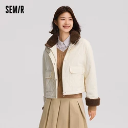 Semir Coat Women Diamond Check Imitation Lamb Wool Stand-Up Collar 2024 New Winter Lazy Loose Retro Quilted Jacket