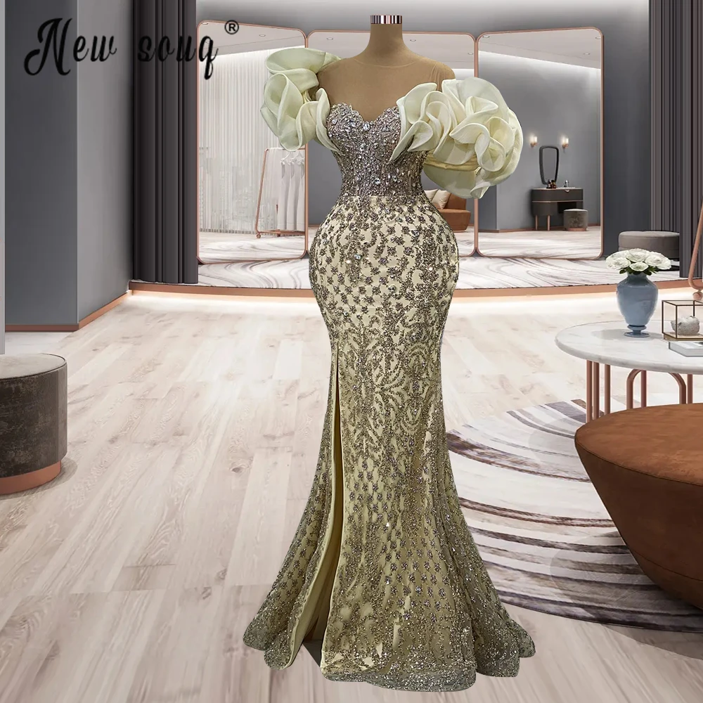 

Champagne Ruffles Sleeves Sheer Neck Mermaid Evening Dresses 2023 Women Elegant Wedding Party Gowns Arabic Glitter Dinner Gowns