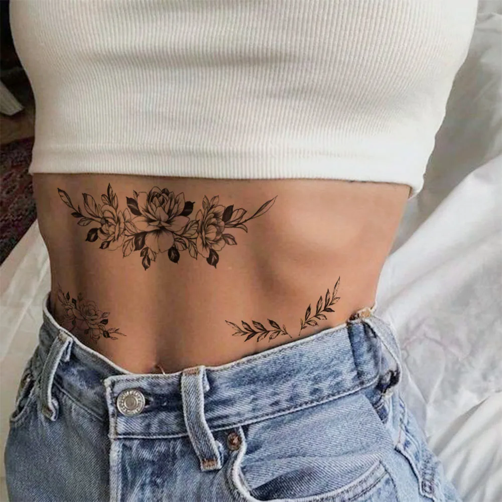 Black Sketch Flower Waterproof Temporary Tattoo Sticker Floral Chest Body Art Arm Fake Tattoos Sleeve For Women Men Aldults