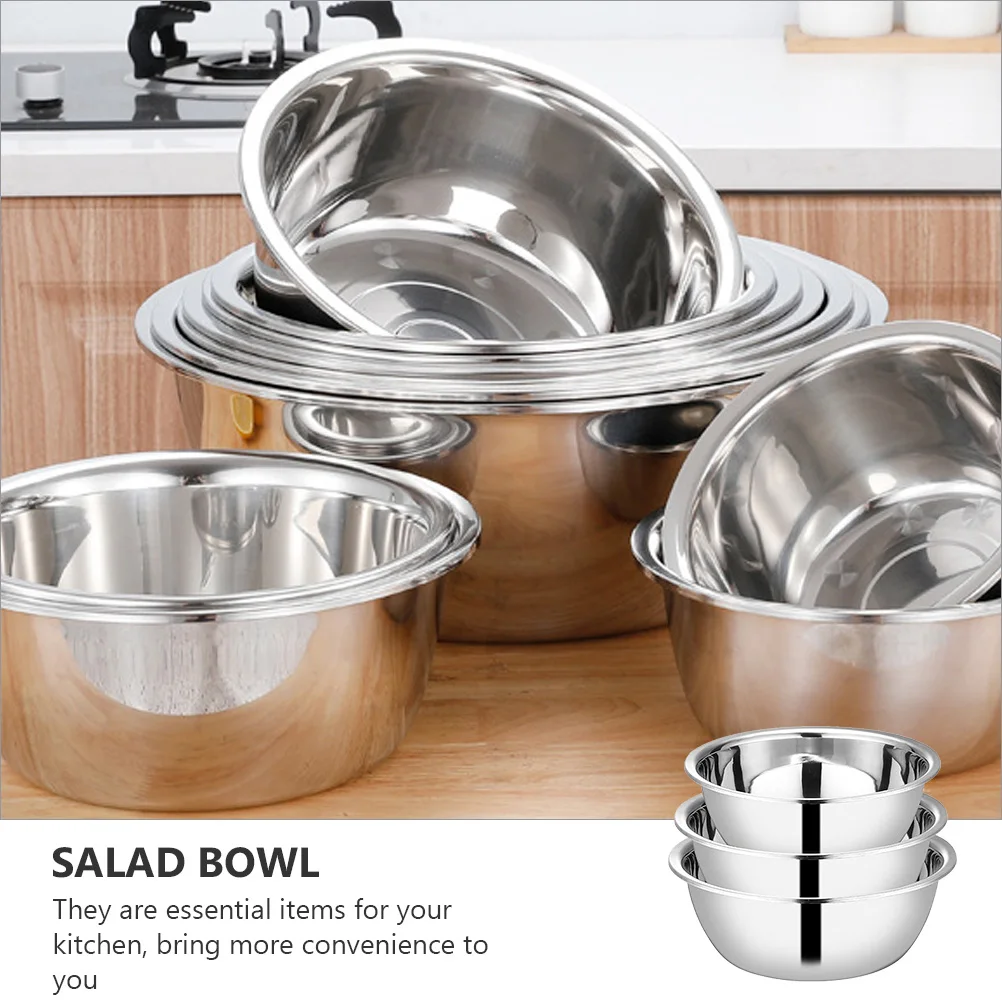 

3pcs Stainless Steel Basin Set Soup Mixing Bowls Kitchen Storage Container Home Salad Vegetable Silver Prep Large Food
