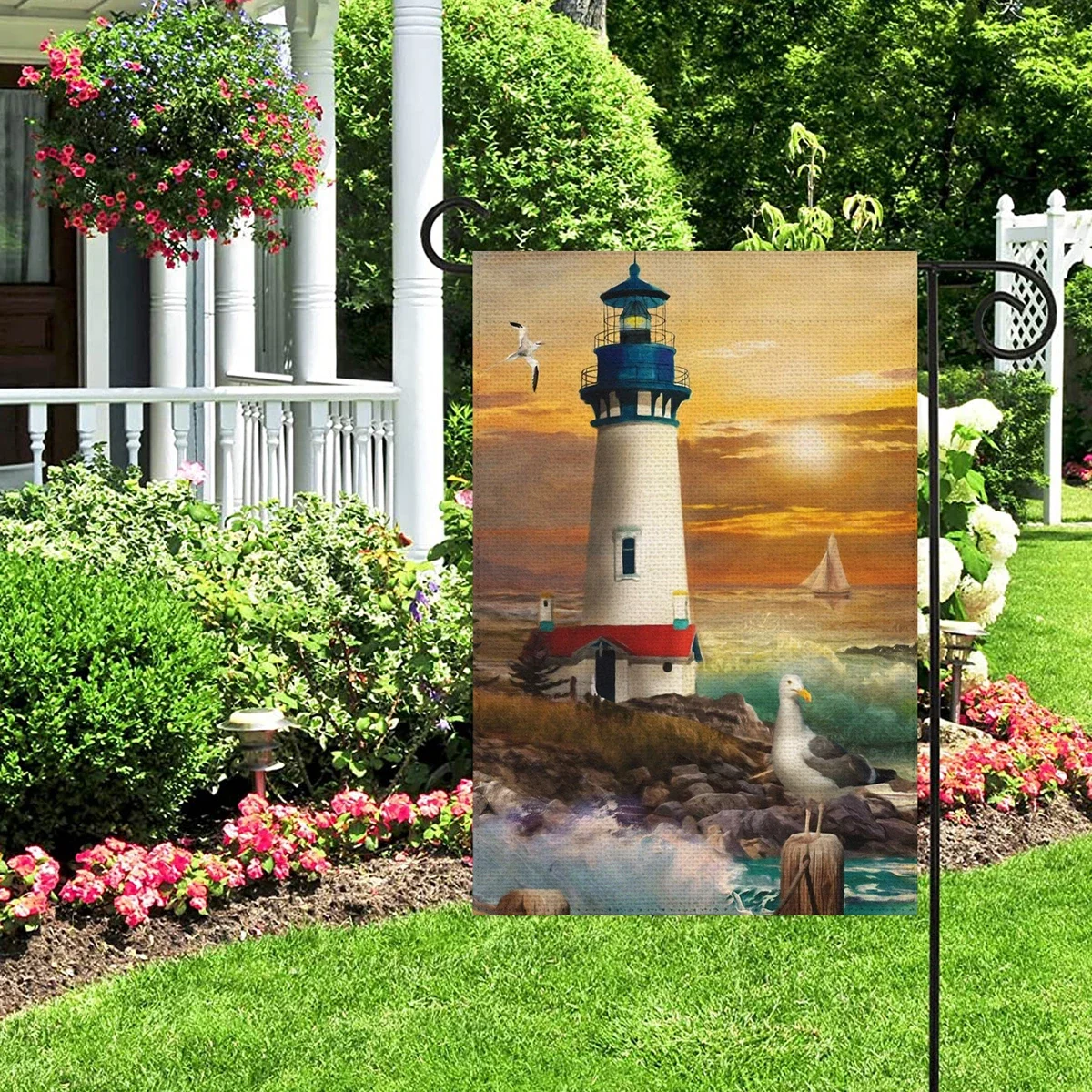 1PC  Lighthouse sailboat Pattern Linen Cotton Garden Flag Banner Indoor Outdoor Home Garden Hanging Decor