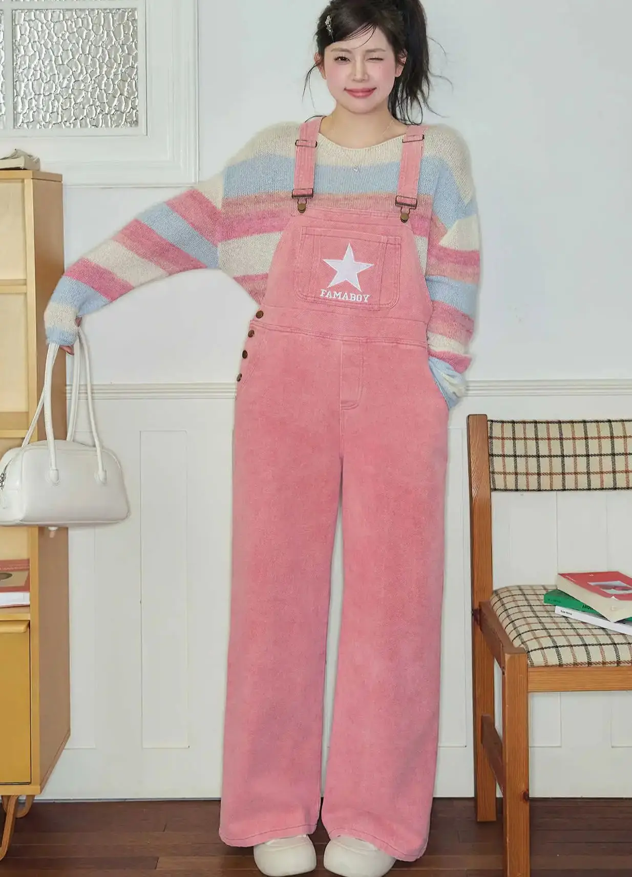 Women's Pink Corduroy Overalls Wide Leg Baggy Jumpsuit Star Print Loose Casual Y2K Aesthetic Young Daily Streetwear 2026