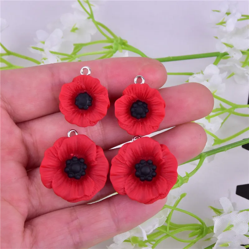 10pcs Vibrant Red Poppy Flower Pendant Charms Flowers Pendants for DIY Earring Necklace Jewelry Keychain Making Accessories