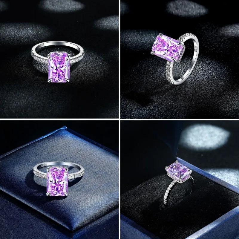 925 Sterling Silver Women 8X11mm Radiant Cut Pink Venom 5A Cubic Zirconia Square Ring Fine Jewelry