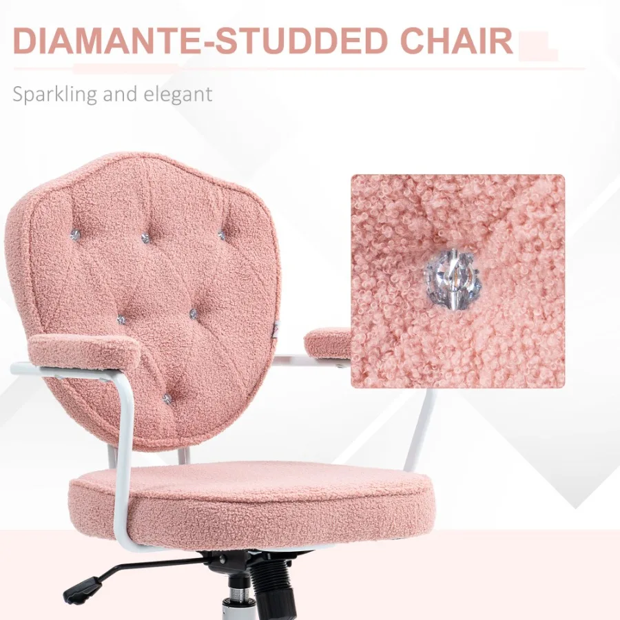 HOMCOM Cute Home Office Chair Computer Desk Chair with Button Tufted Teddy Bear Fleece Swivel Vanity Chair Pink