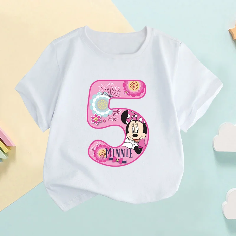 Camiseta con gráfico de arco y números de Minnie Mouse para niños, ropa para niños de 1 2 3 4 5 6 7 8 9 años, camisetas de feliz cumpleaños para