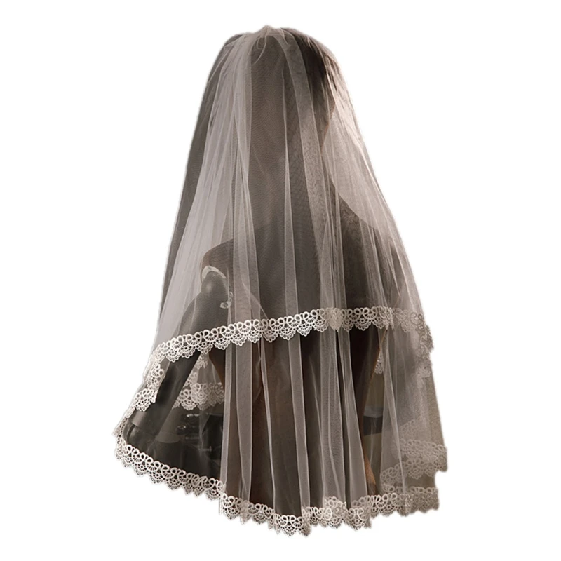 

Wedding Veil with Comb 2 Layers Elbow Length Elegant Sheer Tulle Decorative Lace Appliques White Headwear for Brides