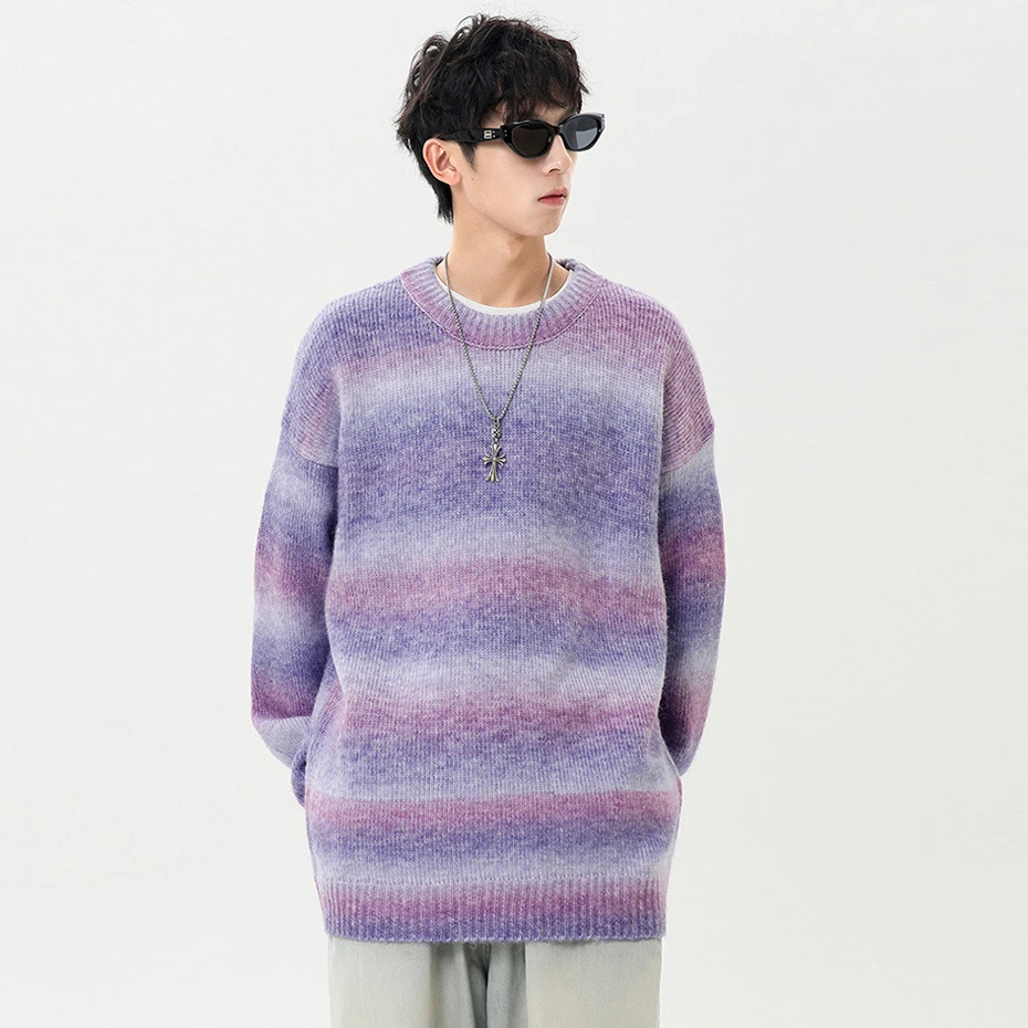 Gradient Sweater Men Rainbow Knitted Sweater Spring Autumn O-neck Knitted Jumper Fashion Casual Pullover Male