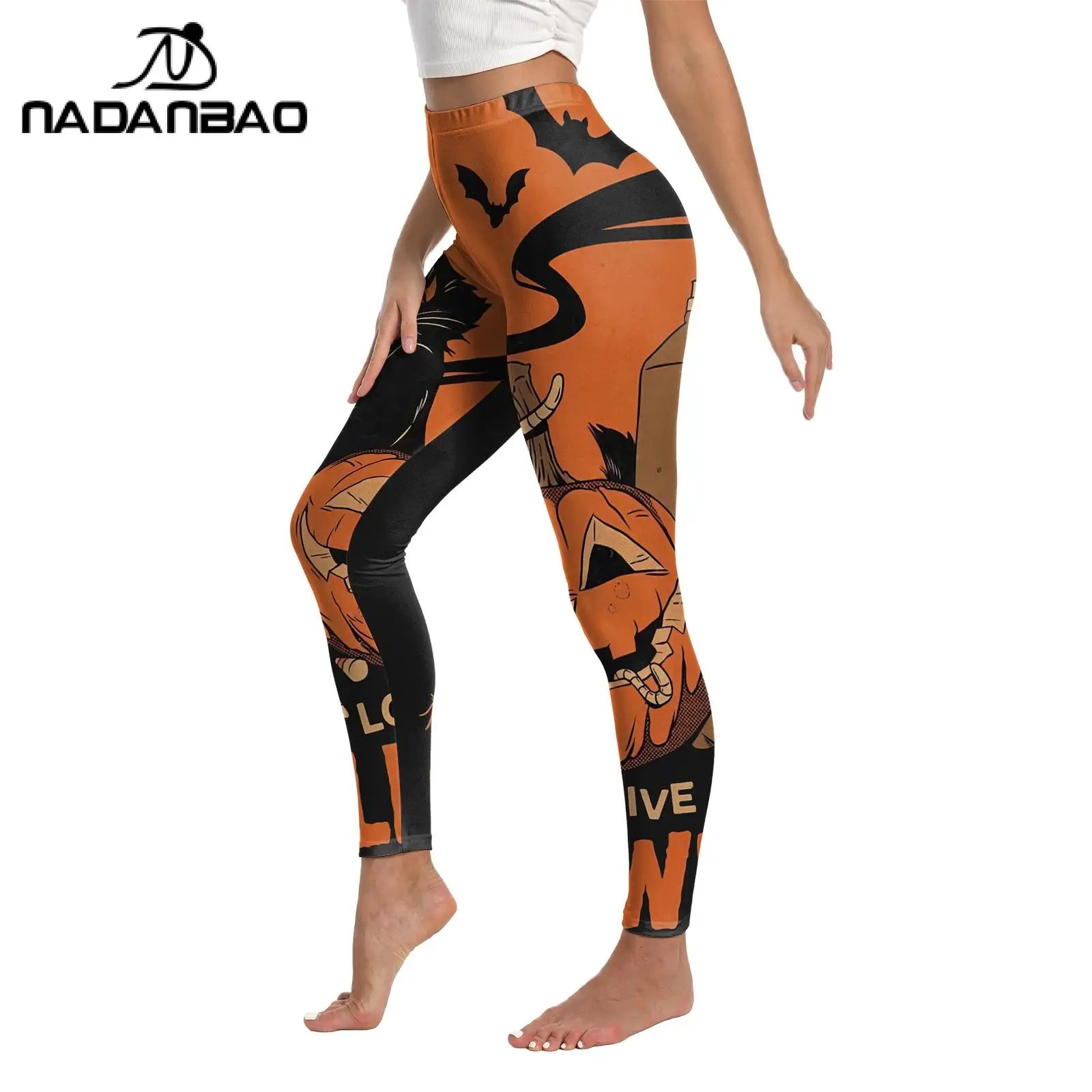 NADANBAO Women Halloween Legging Funny Balck Cat Pumpkin Print Pants Carnival Party Tights Bottoms Sexy Stretch Skinny Pants