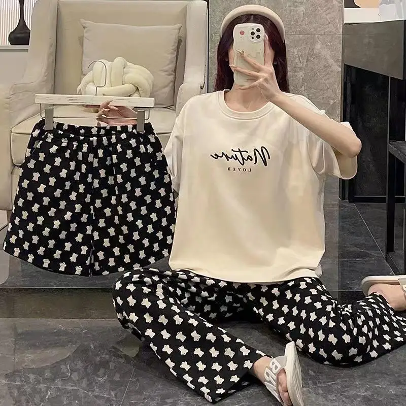 New Pajamas Homewear Three-Piece Suit Women\'s Summer Short-Sleeved Long Pants Simple Casual Large Size Pajamas Homewear