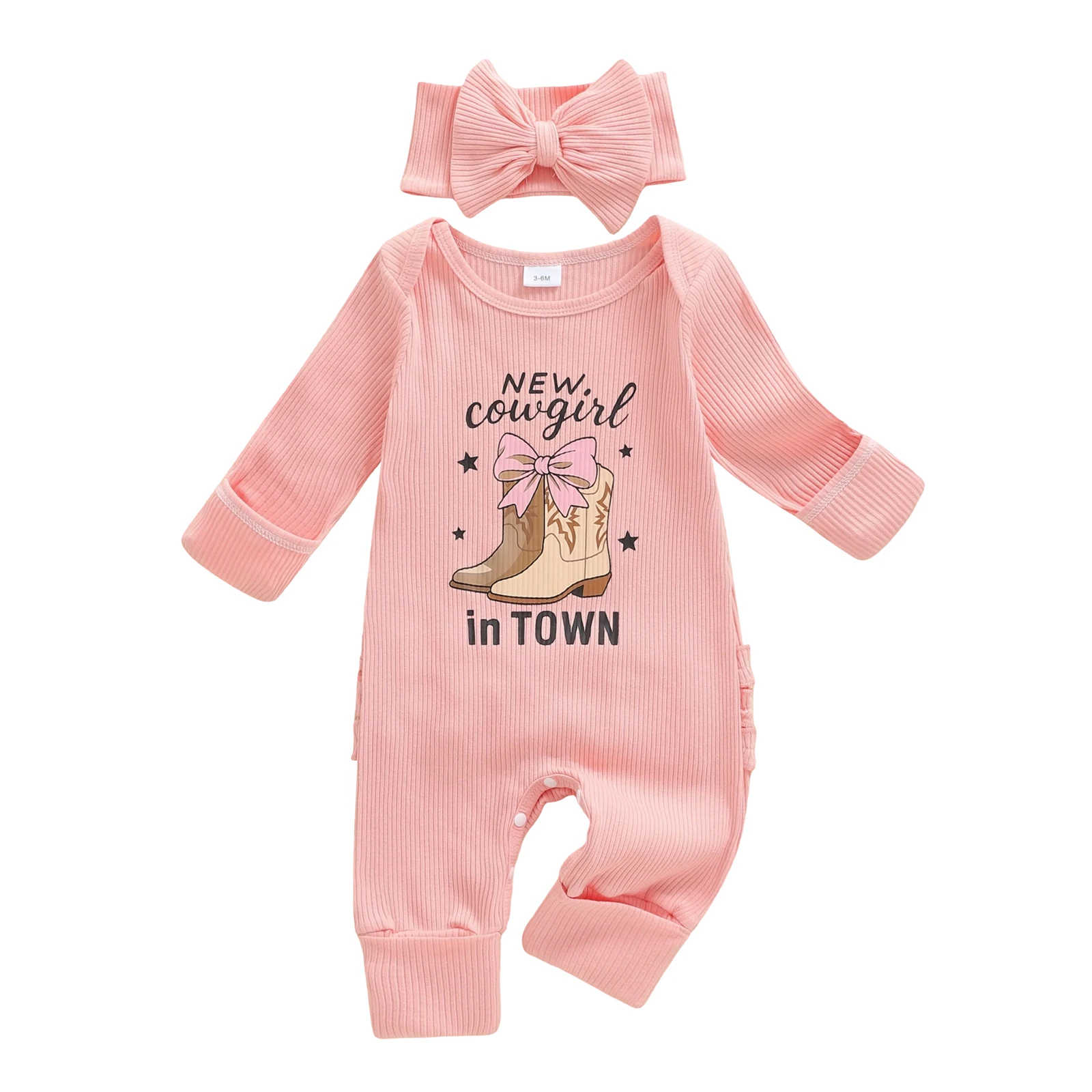 

Осенний комбинезон для маленьких девочек с буквенным принтом, комбинезон с длинными рукавами и круглым вырезом с повязкой на голову с бантом