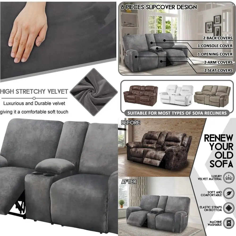 

8-Piece Velvet Loveseat Recliner Cover Set with Middle Console, Thick, Soft, Washable - Dark Grey