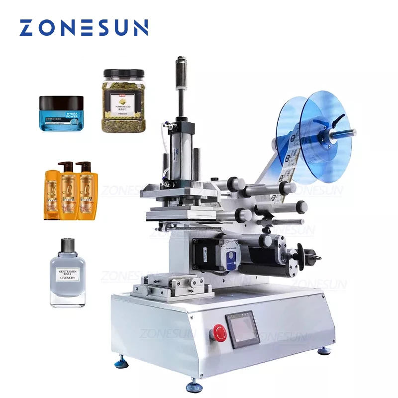 

ZONESUN Tabletop Industrial Semi-automatic XL-T802 PET Plastic Tin Can Glass Milk Juicer Flat Perfume Bottle Labeling Machine