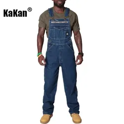 Kakan - New European and American Men's Shoulder Strap Jeans Men's Clothing, Blue Multi Pocket Torn Jumpsuit Long Jeans K34-722