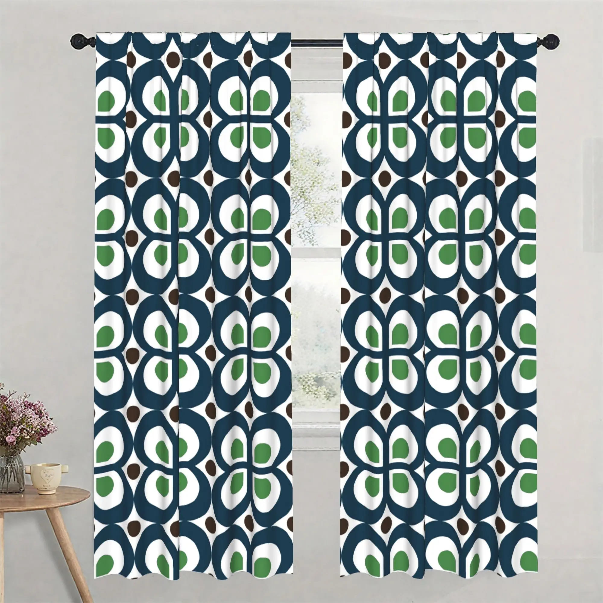 Retro geometric four-leaf ring Print Drapes Room Darkening Window Curtains for Home Decor,Rod Pocket Blackout Curtains Bedroom