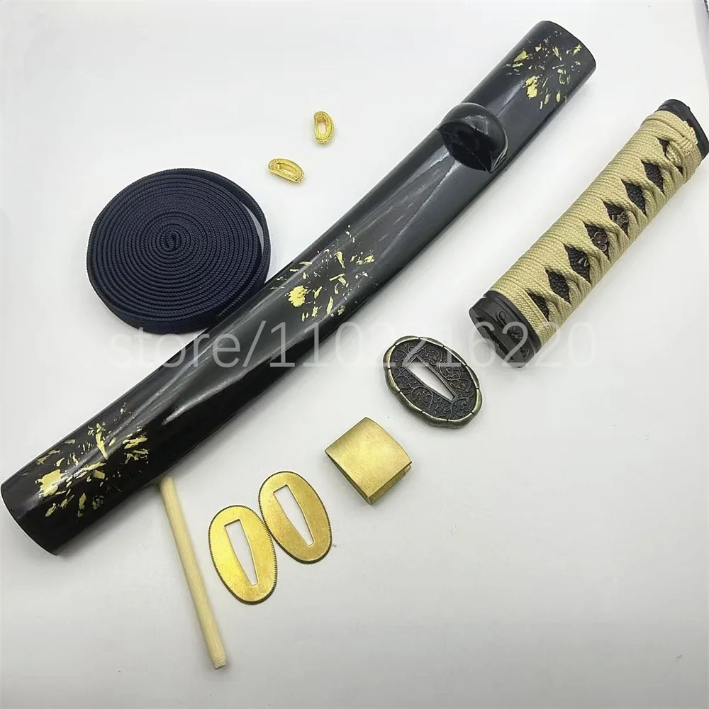 A Set Good Tanto Parts Gold Tsuka Handle Tsuba Handguard Habaki Seppa Hardwood Sheath For Real Samurai Katana Tanto Sword Parts