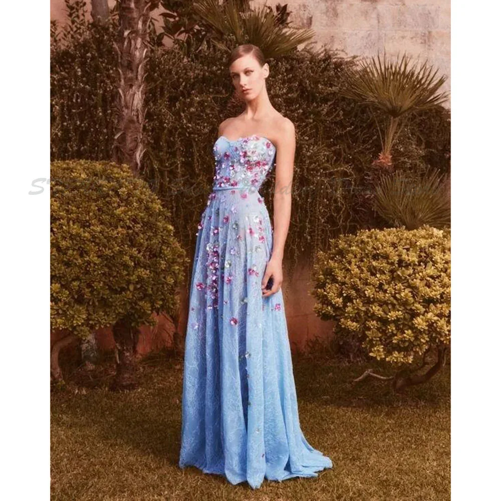 

Exquisite Prom Dresses Strapless Sleeveless High Quality Floor Length Flowers Blue Fit Special Occasion Custome Banquet Gowns