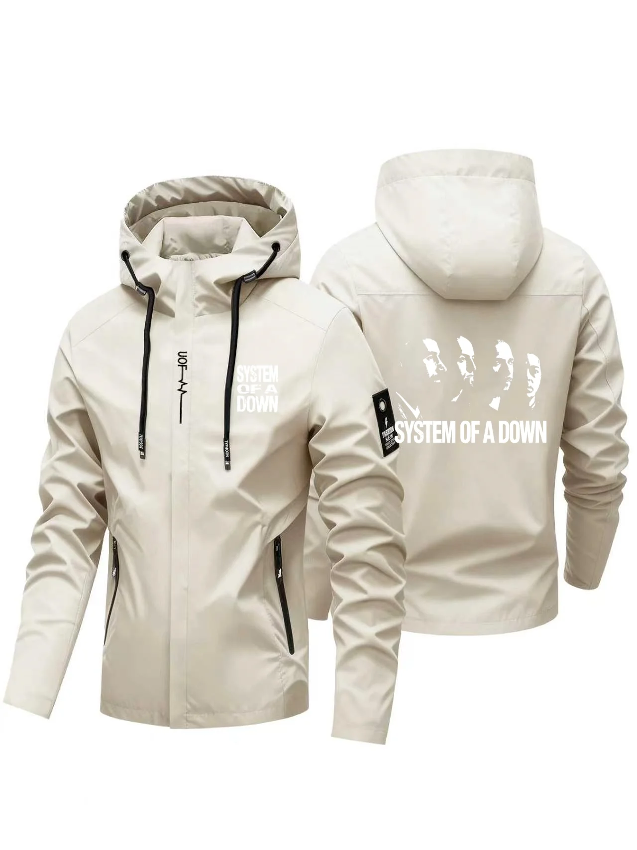 Fashion White Retro Group Portrait With Bold Letter Print Men Hooded Windbreaker, Waterproof Casual Sports Daily Street Coat