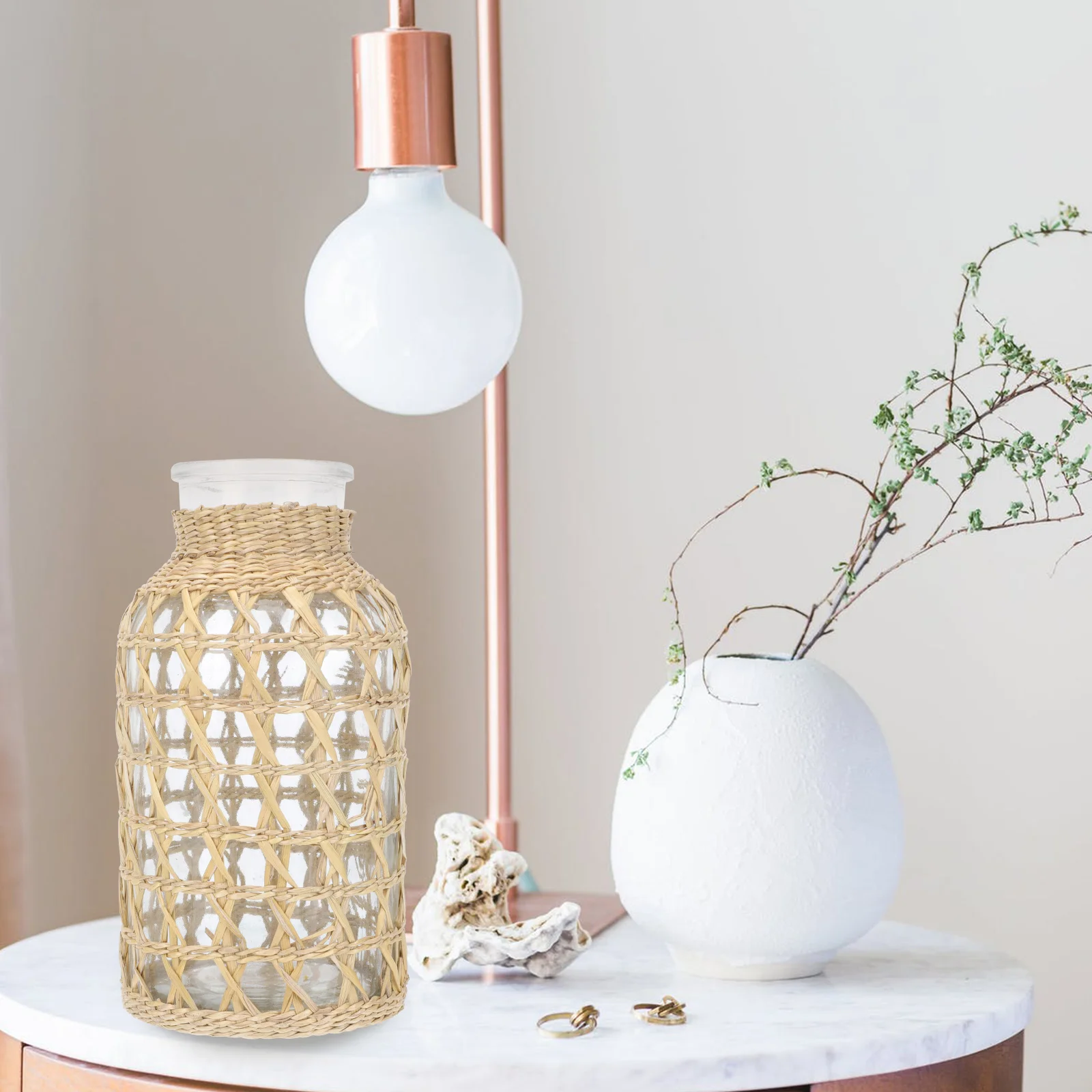 

Rattan Glass Vase Seagrass Handmade Flower Arrangement Woven Container Creative Desktop Vase Decor Simple Beauty Durability