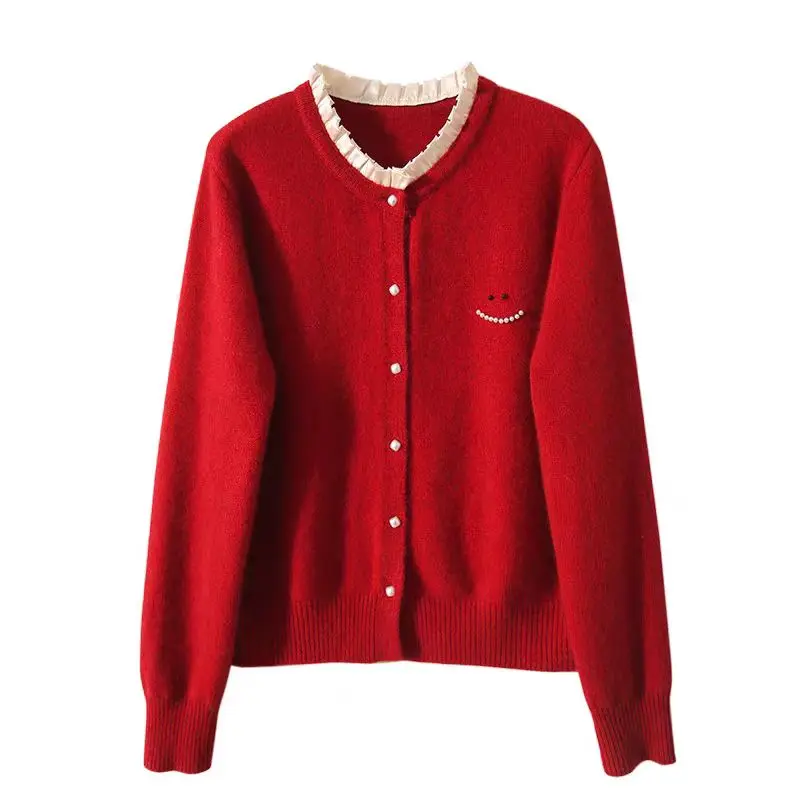 Women High Quality Ruffled Collar Red Christmas Sweater Autumn Winter New Solid Smiling Face Knitted Cardigan Lady Casual Tops