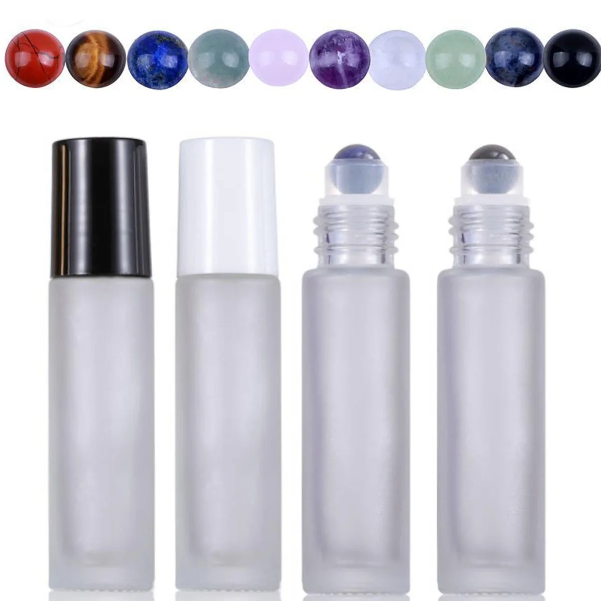 Set of 10X 12X 10ML Essential Oils Mat Glass Roll on Bottles With Natural Crystal Roller Ball for Perfume Aromatherapy White cap