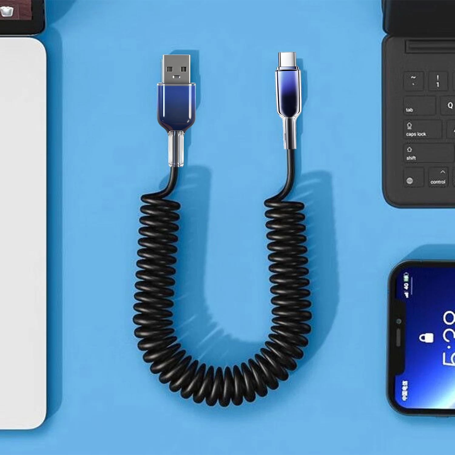 10A USB A to Type-C Data Cable Pull Telescopic Spring Fast Charging Cord For iPhone 17 16 Samsung Mi USB C Charger Wire