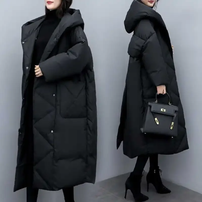 Long Thick Parkas Zipper Hooded Spliced Jackets Women Maxi Warm Loose Coats Pockets Autumn Winter Y2k Korean Coat Warm Parka