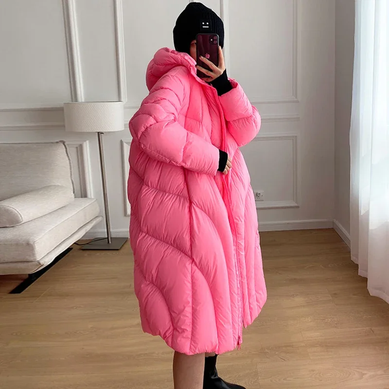 

Simple Women's Winter Down Jacket Fluffy Warm Long Parka 2024 New High-end Cocoon Type Oversize Hooded White Duck Down Coat