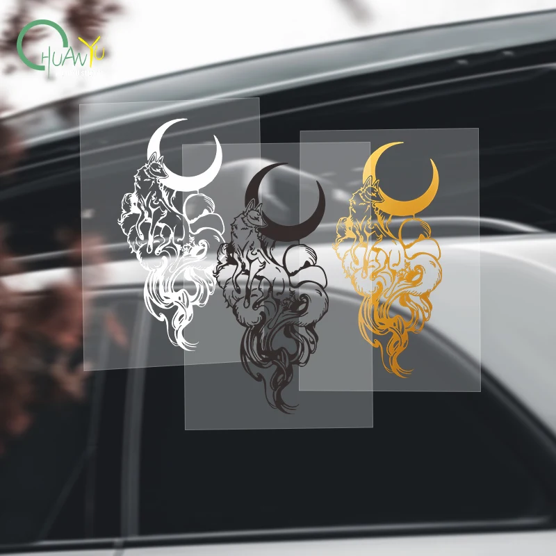 Crescent moon nine-tailed fox car sticker; waterproof scratch-resistant decorative car decal for rear end