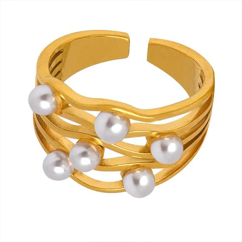 Fashion Urban Ladies Rings Jewelry 18K PVD Gold Plated White Pearl Stainless Steel Multi-Layer Large Ring For Women