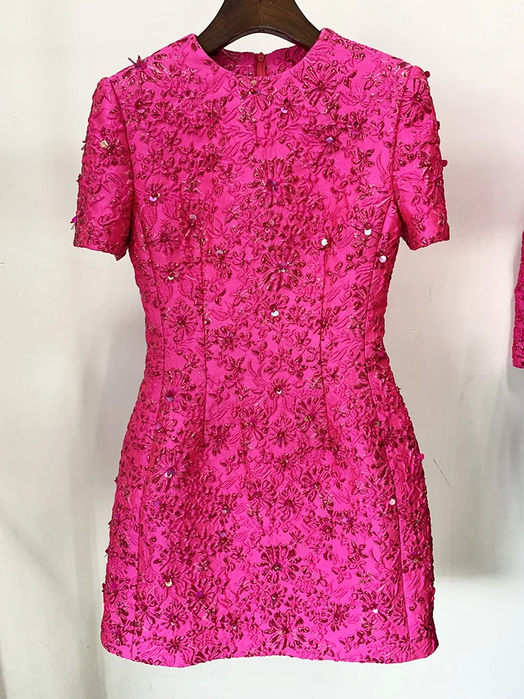 Hot Pink Beaded Embroidery Dress 2023 New Desinger Slash Neck Off Shoulder Floral Jacquard Bejeweled Loose Fitting Party Dress