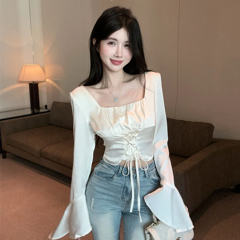 

Slimming Satin Shirt Square Collar Pleated Versatile Gentle Style Long Sleeve Women's Fashion Spring Collection China Made