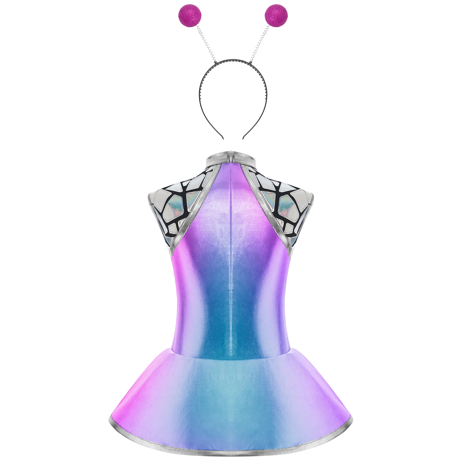 أزياء رائد فضاء فضية لامعة معدنية لامعة للفتيات، فستان فاخر كوني لامع، طوق شعر لامع لملابس حفلات الهالوين