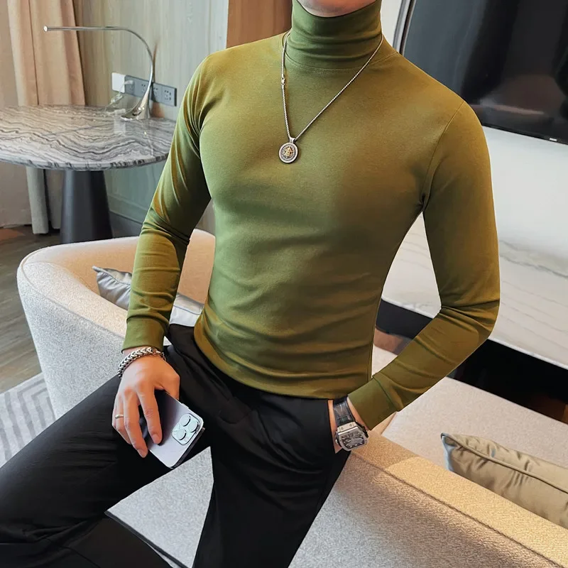 Autumn Winter High Neck Warm Pullover 2024 Men's Korean Fashion Business Casual Slim Fit Shirt High-end Long Sleeved Shirt M-4XL