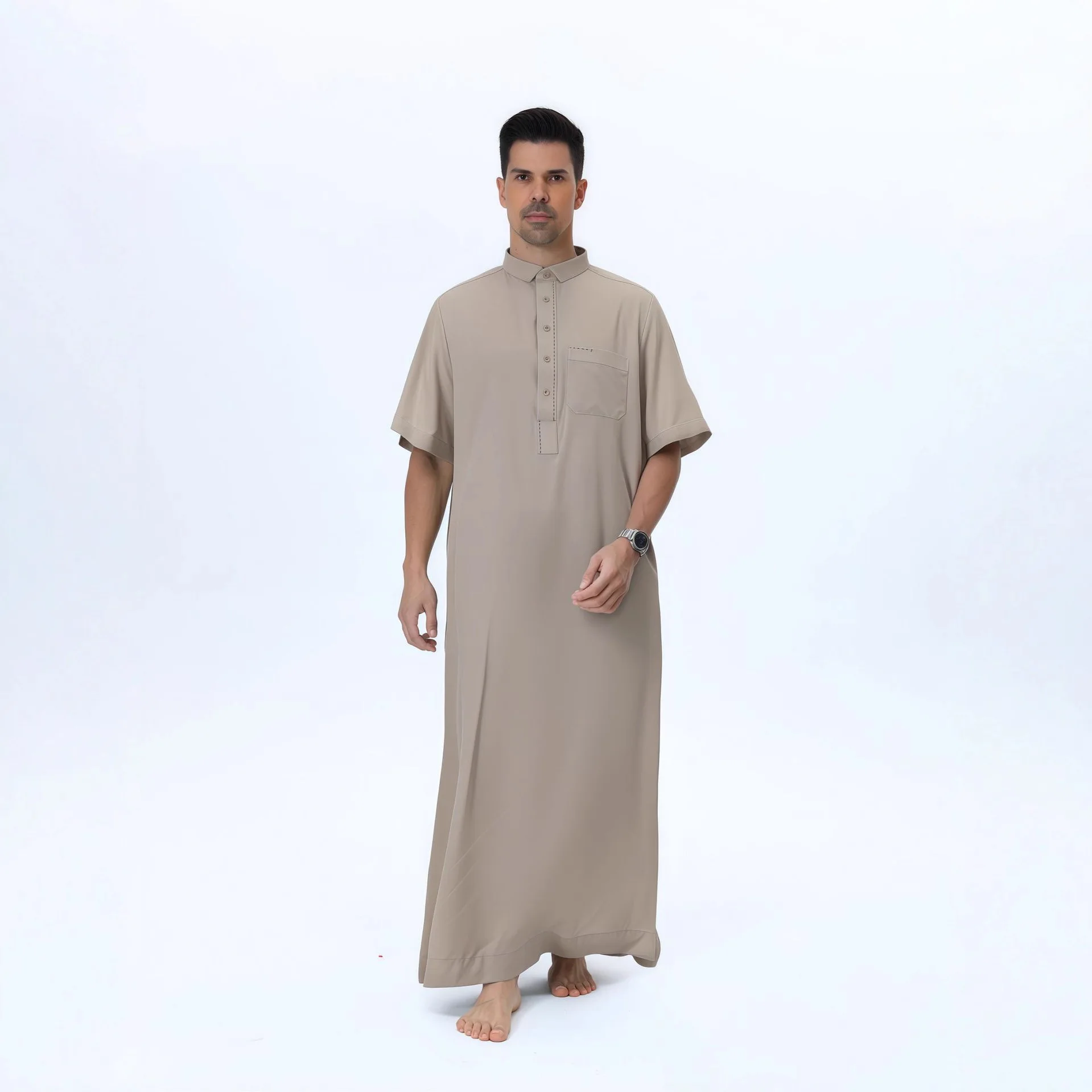 Eid Muslim Men Jubba Thobe Dress Kaftan Short Sleeve Solid High Neck Abaya Dubai Saudi Arabia Islam Mens Robe Daffah Dishdasha