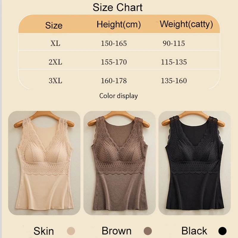 Thermal Vest with Padded Bra Women Warm Winter Tank Tops Stretch Velvet Thermo Camisole Lace Underwear Soft Thick Undershirt