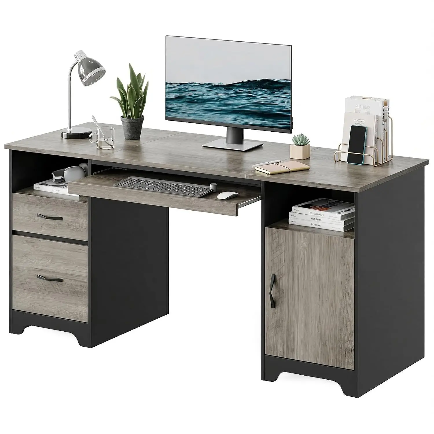 59" Executive Desk File Drawer Keyboard Tray 2 Drawers Gray Letter A4 Legal Storage Cable Management 200 LBS, Customized