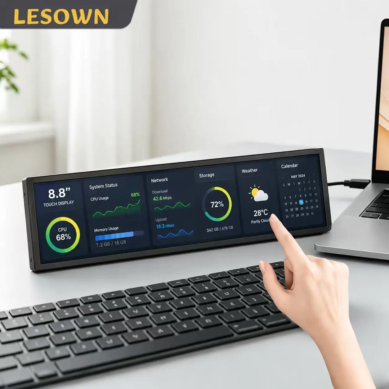 LESOWN White PC Rig Companion Screen 8.8" Stretched Touch Panel miniHDMI External Hardware Monitor for Desktop