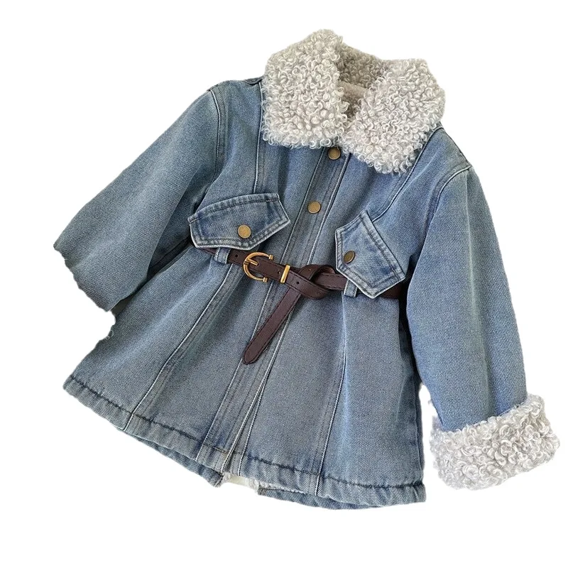 Fashion and Warm Blue Jacket Girls'  Jacket with Thickened Middle Long Length 2025 Winter New Style Baby's Cold