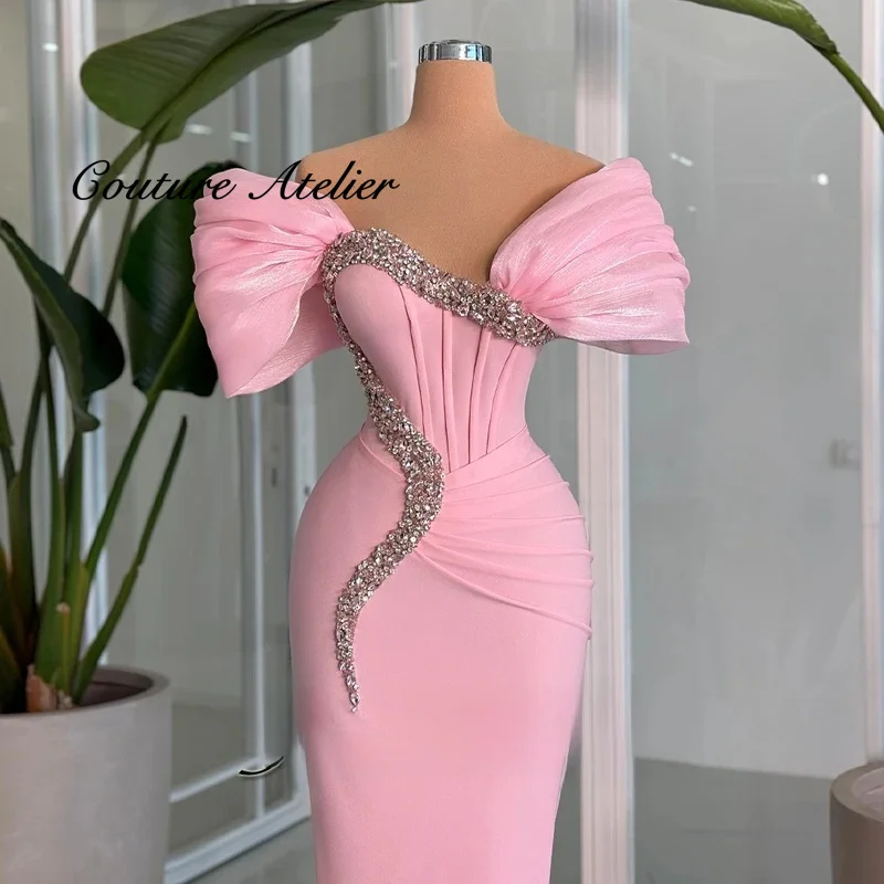 Trendy Off the Shoulder Evening Dress Rhinestones Pleat Mermaid Sweetheart Formal Party Gown Vestido De Noche Customized