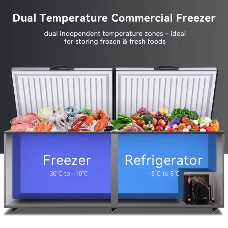 Manufacturer Stainless Steel Two Door Freezer Deep Dual Temperature Commercial Horizontal Smart Refrigerator Home