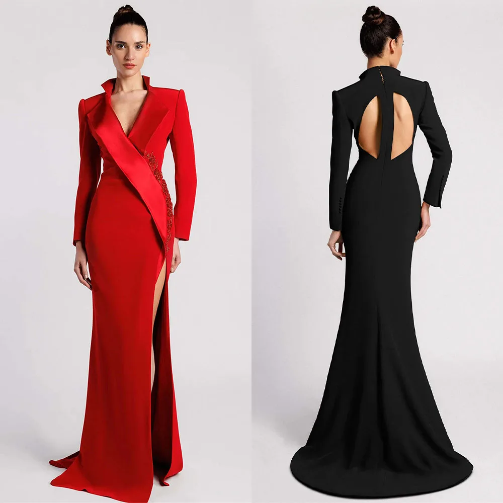 

High Quality Customized V-neck Floor Length High Fork Full Sleeves Appliques Elegant Dress Women for Wedding Party Beaded Stain
